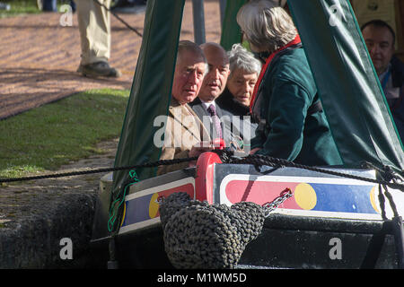 Stroud, Gloucestershire, UK. 2nd February, 2018. HRH The Prince of Wales on board the narrow boat Perseverance at Wallbridge Lock, Stroud, UK. Prince Charles visited to officially open the newly restored Wallbridge Lower Lock, part of the Cotswold Canals Project. Picture: Carl Hewlett/Alamy Live News Stock Photo