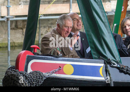 Stroud, Gloucestershire, UK. 2nd February, 2018. HRH The Prince of Wales on board the narrow boat Perseverance at Wallbridge Lock, Stroud, UK. Prince Charles visited to officially open the newly restored Wallbridge Lower Lock, part of the Cotswold Canals Project. Picture: Carl Hewlett/Alamy Live News Stock Photo