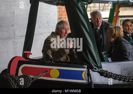 Stroud, Gloucestershire, UK. 2nd February, 2018. HRH The Prince of Wales on board the narrow boat Perseverance at Wallbridge Lock, Stroud, UK. Prince Charles visited to officially open the newly restored Wallbridge Lower Lock, part of the Cotswold Canals Project. Picture: Carl Hewlett/Alamy Live News Stock Photo