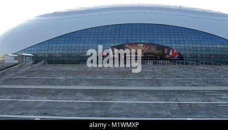 View onto the Bolshoy Ice Dome with the announcement of the Boxing World Cup match between the IBF champion Murat Gassijew of Russland and WBA world champion Yunier Dorticos of Cuba on 03 Febuary 2018, in Sochi, Russia, 28 January 2018. The ice hockey match at the 2014 Olympic Winter Games took place in this hall. Photo: Friedemann Kohler/dpa Stock Photo