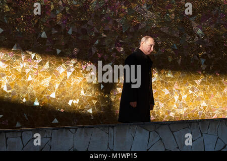 Volgograd, Russia. 2nd Feb, 2018. Russian President Vladimir Putin leaves the Battle of Stalingrad State Historical and Memorial Museum-Reserve after laying a wreath at the Eternal Flame in Volgograd, Russia, on Feb. 2, 2018. Russian President Vladimir Putin Friday took part in the celebration of the 75th anniversary of the Battle of Stalingrad against Nazi Germany in World War II (WWII). Credit: Bai Xueqi/Xinhua/Alamy Live News Stock Photo