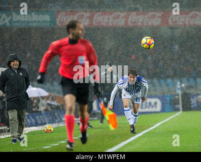 San Sebastian, Spain. 02nd Feb, 2018. (19) Alvaro Odriozola Arzallus during the Spanish La Liga soccer match between Real Sociedad and Deportivo de la Coruna, at Anoeta stadium, in San Sebastian, northern Spain, Friday, February. 2, 2018. Credit: Gtres Información más Comuniación on line, S.L./Alamy Live News Stock Photo