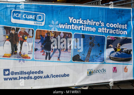 Leeds. UK. 2nd February, 2018. Yorkshire's favourite winter attraction the Ice Cube in Millenium Square, Leeds, was opened on 2 February 2018.  Radio Aire breakfast presenters Caroline & Ant opened the attraction in style as they bravely took to the ice to perform an opening dance after some intense training from former British ice dance champion Jennifer Barnfield-Lee Credit: James Copeland/Alamy Live News Stock Photo