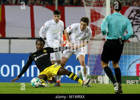 Cologne, Germany. 2nd Feb, 2018. Dortmund's Michy Batshuayi (1st L) competes during the Bundesliga soccer match between FC Cologne vs Borussia Dortmund in Cologne, Germany, Feb. 2, 2018. Credit: Joachim Bywaletz/Xinhua/Alamy Live News Stock Photo