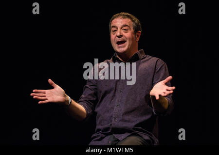 London, UK. 2nd February, 2018. Mark Thomas takes part with , Faisal Abu Alhayjaa and Alaa Shehada in a special performance of 'Showtime from the Frontline' for members of the Fire Brigades Union at Toynbee Studios. The show tells the story of how Mark Thomas and his team overcame many obstacles to set up a comedy club for two nights in the Palestinian city of Jenin in the occupied West Bank and features two actors from the Jenin Freedom Theatre, Faisal Abu Alhayjaa and Alaa Shehada. Credit: Mark Kerrison/Alamy Live News Stock Photo