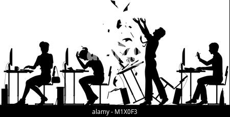 Editable vector silhouette illustration of a frustrated office worker throwing his desk over with all elements as separate objects Stock Vector