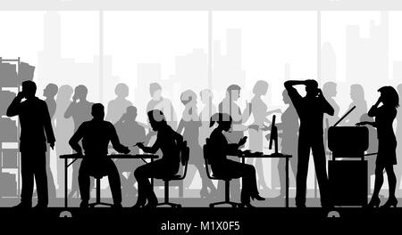 Editable vector silhouettes of people in a crowded busy office with all figures as separate objects Stock Vector