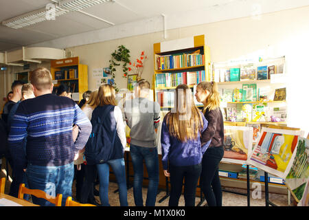 CHAPAEVSK, SAMARA REGION, RUSSIA - JANUARY 26, 2018: College in Chapaevsk city. Exhibition of works by students at the College of the city of Chapaevs Stock Photo