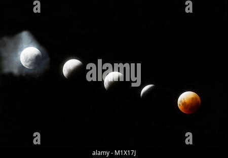A composite of the Super Blue Blood Moon eclipse which occurred on 31st January 2018 over Palm Cove, Cairns, Far North Queensland, FNQ, Australia Stock Photo