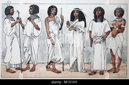 Clothing in ancient Egypt in the new kingdom around 1530 BC, from left, civilization of civil servants or private persons, one of the mourners, lady in coat, noble man with shirt, small apron, necklace and wig then a lower official or servant of the king, digital improved reproduction of an original print from the 19th century Stock Photo