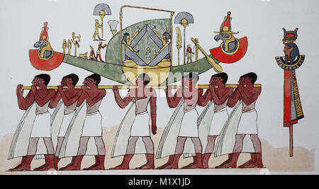 Clothing in Ancient Egypt, New Kingdom, Late Period, Ramessiden, 1324-1258 BC, Priests carry in procession the holy bark of God Ramses, digital improved reproduction of an original print from the 19th century Stock Photo