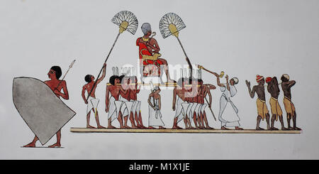 Clothing in Ancient Egypt, New Kingdom, Late Period, Ramessiden, King Horemheb, 1374-1350 BC, is carried by soldiers on a carrying chair, behind and before them the Fan-bearer and before that go prisoners, digital improved reproduction of an original print from the 19th century Stock Photo