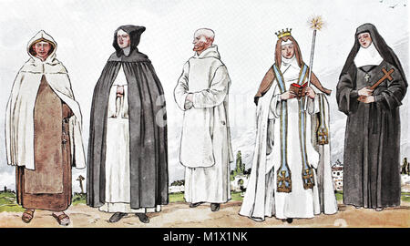 Clothing, fashion of the monks and nuns in the Middle Ages, from the left, Carmelite in dress, charcoal in drapery, Carthusian in house, carthusian nun with the Blessing decorations, nun of the Order of Mary Visitation, a so-called Salesian, digital improved reproduction of an original print from the 19th century Stock Photo