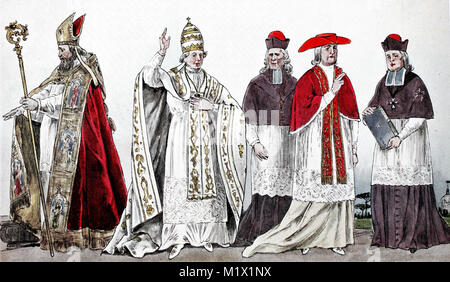 Clothing, fashion, costumes of the bishops and popes from the 14th-18th centuries, from the left, Boschof of the 17th century in the great regalia, then Pope Pius VI, a bishop in choir clothes, the pope in public, non-worship, clothing, a Clergyman of the Order of Our Lady of Mount Carmel and St. Lazarus in Jerusalem, digital improved reproduction of an original print from the 19th century Stock Photo
