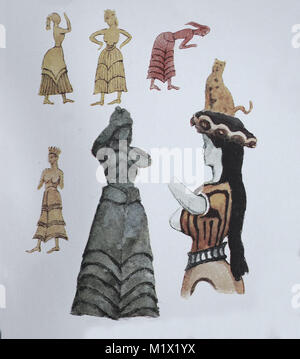 Fashion, the clothes of Mycenae, Crete and Cyprus, Aegean and Phoenician culture, 2000-500 BC, the small female figures are of Mycenaean copper and golden rings of victory, below middle, bronze statue of a woman with volcanic rock from Crete, bottom left a snake goddess with blouse bodice, digital improved reproduction of an original print from the 19th century Stock Photo