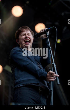 The English alternative rock band Nothing but Thieves performs a live concert at the Norwegian music festival Bergenfest 2016. Here singer, songwriter and musician Conor Mason is seen live on stage. Norway, 16/06 2016. Stock Photo