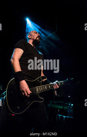 Norway, Bergen - February 20, 2015. The English gothic death metal band Paradise Lost performs a live concert during the Norwegian heavy metal festival Blastfest 2015 in Bergen. Here guitarist Aaron Aedy is seen live on stage. (Photo credit: Gonzales Photo - Jarle H. Moe). Stock Photo