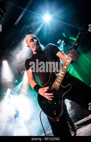 Norway, Bergen - February 20, 2015. The English gothic death metal band Paradise Lost performs a live concert during the Norwegian heavy metal festival Blastfest 2015 in Bergen. Here guitarist Aaron Aedy is seen live on stage. (Photo credit: Gonzales Photo - Jarle H. Moe). Stock Photo