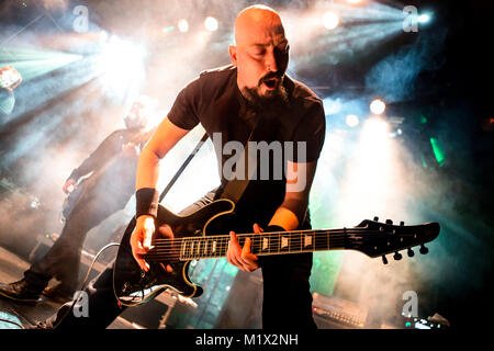 Norway, Bergen - February 20, 2015. The English gothic death metal band Paradise Lost performs a live concert during the Norwegian heavy metal festival Blastfest 2015 in Bergen. Here guitarist Aaron Aedy is seen live on stage. (Photo credit: Gonzales Photo - Jarle H. Moe). Stock Photo
