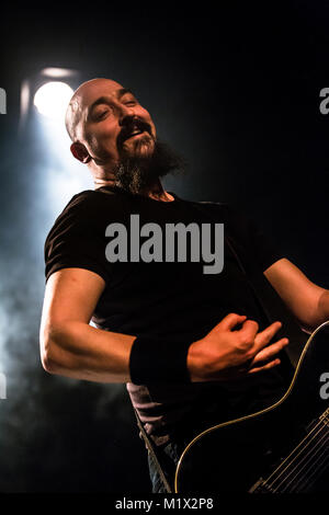 Norway, Bergen - February 20, 2015. The English gothic death metal band Paradise Lost performs a live concert during the Norwegian heavy metal festival Blastfest 2015 in Bergen. Here guitarist Aaron Aedy is seen live on stage. (Photo credit: Gonzales Photo - Jarle H. Moe). Stock Photo