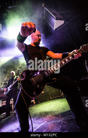 Norway, Bergen - February 20, 2015. The English gothic death metal band Paradise Lost performs a live concert during the Norwegian heavy metal festival Blastfest 2015 in Bergen. Here guitarist Aaron Aedy is seen live on stage. (Photo credit: Gonzales Photo - Jarle H. Moe). Stock Photo