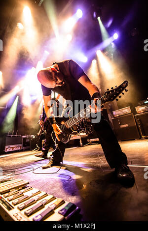 Norway, Bergen - February 20, 2015. The English gothic death metal band Paradise Lost performs a live concert during the Norwegian heavy metal festival Blastfest 2015 in Bergen. Here guitarist Aaron Aedy is seen live on stage. (Photo credit: Gonzales Photo - Jarle H. Moe). Stock Photo