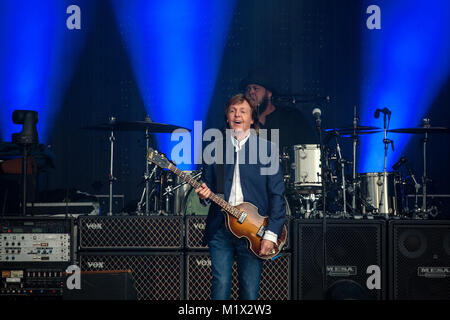 Paul McCartney, the English singer, songwriter, musician and composer, performs a live concert at the Koengen in Bergen. Paul McCartney was part of the legendary rock band The Beatles. Norway, 24/06 2016. Stock Photo