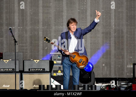 Paul McCartney, the English singer, songwriter, musician and composer, performs a live concert at the Koengen in Bergen. Paul McCartney was part of the legendary rock band The Beatles. Norway, 24/06 2016. Stock Photo