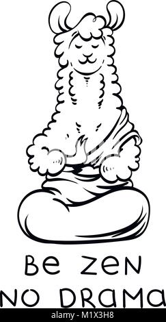 Cute meditating furry llama. Vector cartoon illustration on a white background with motivational lettering. Be zen and no drama. Stock Vector