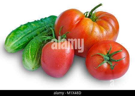 Three tasty ripe tomatoes with a stalk and two of cucumber. Presented on a white background. Stock Photo