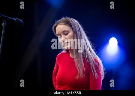 Norway, Bergen – June 15, 2017. The Norwegian singer and songwriter Sigrid performs a live concert during the Norwegian music festival Bergenfest 2017 in Bergen. Stock Photo