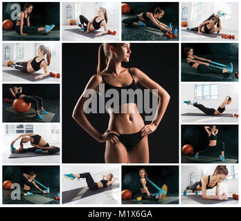 The collage from images of beautiful slim woman doing some gymnastics at the gym Stock Photo