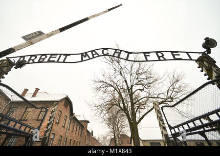Arbeit Macht Frei (English: work sets you free) sign at the entrance near barbed wire fences and barriers inside Auschwitz I German Nazi concentration Stock Photo