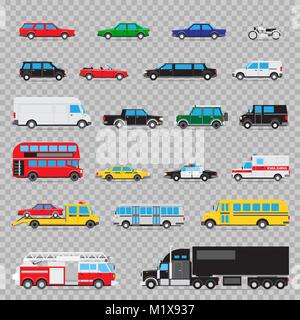 Auto transport icon set. Collection of different kinds and types of transportation cars Stock Vector