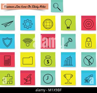Vector Illustration Ready-To-Use 21 Business Line Icons On Sticky Notes Designed as Multiple Objects Involved In Work, Startup, Finance, Data Security Stock Vector
