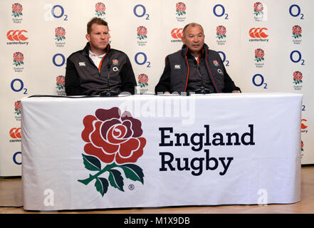 England captain Dylan Hartley (left) and head coach Eddie Jones during the press conference at Pennyhill Park, Bagshot. Stock Photo