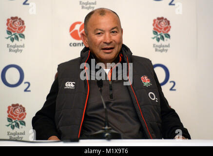 England head coach Eddie Jones during the press conference at Pennyhill Park, Bagshot. Stock Photo
