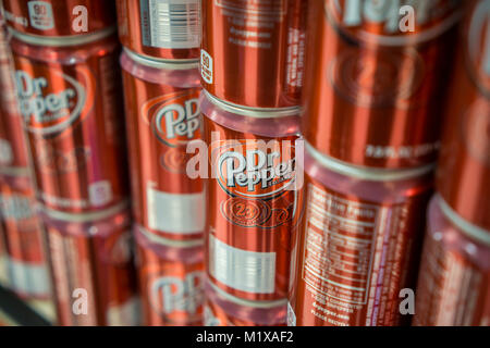 Cans of Dr. Pepper soda on a supermarket shelf in New York on Monday, January 29, 2018. JAB Holding Co.'s Keurig Green Mountain unit has agreed to take control of the Dr. Pepper Snapple Group in an $18.7 billion deal.The new company will be known as Keurig Dr Pepper. (Â© Richard B. Levine) Stock Photo