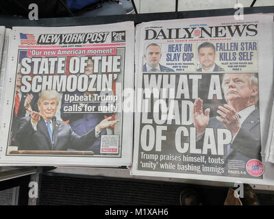 Headlines of New York newspapers on Wednesday, January 31, 2018 report on President Donald Trump's State of the Union speech the previous evening. (Â© Richard B. Levine) Stock Photo