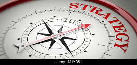Strategy concept. Compass red arrow pointing at red letters word Strategy. 3d illustration