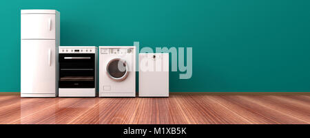 Set of electric home appliances on a wooden floor, green wall background. 3d illustration Stock Photo