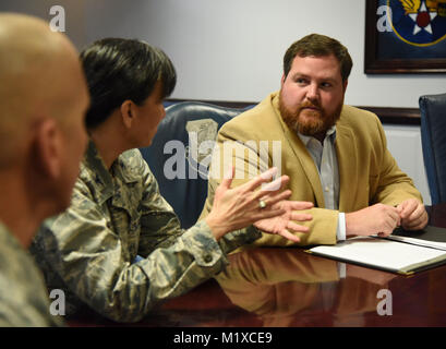 Col. Debra Lovette, 81st Training Wing commander, briefs David Allen, legislative assistant for Congressman Steven Palazzo, on Keesler training capabilities during an 81st Training Wing mission brief at the headquarters building Jan. 26, 2018, on Keesler Air Force Base, Mississippi. Allen visited Keesler to learn more about the base and on-going construction projects that impact the local community, like the Division Street Gate which will begin construction this summer. (U.S. Air Force Stock Photo