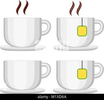 Ceramic tea coffee cup set isolated on white background. Flat vector illustration for certificate banner sticker, badge sign, stamp, logo, icon label. Stock Vector