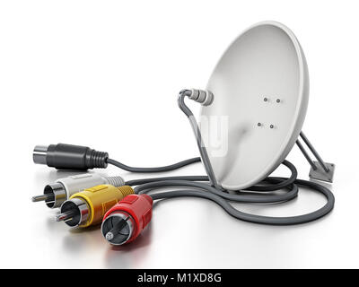 Satellite dish and S-video cables isolated on white background. 3D illustration. Stock Photo