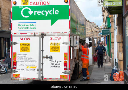 Recycling truck at work in Bath, Somerset, England, UK Stock Photo