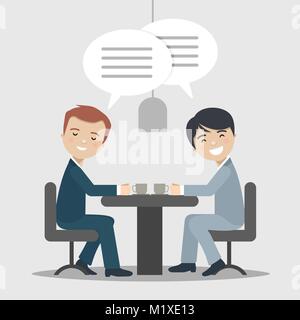 Two businessman talking about work in a cafe. Vector illustration Stock Vector