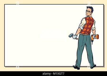 man and repair, drill hammer, copy space background Stock Vector