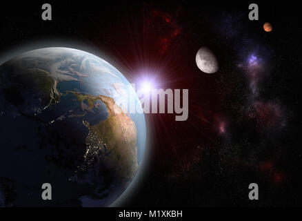 3D render of the alignment of The Earth, The Moon and Mars Stock Photo