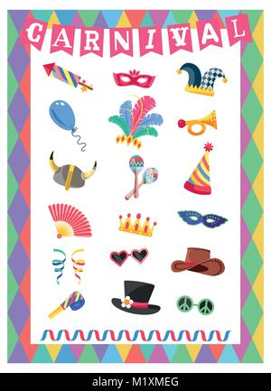 Set of funny Carnival icons for your creative works. All elements isolated on colorful background. Vector illustration. Stock Vector