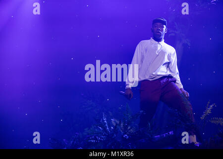 Vancouver, BC / Canada - January 26th 2018: American rapper Tyler, The Creator of Odd Future performing his Flower Boy tour at the Pacific Coliseum in Stock Photo